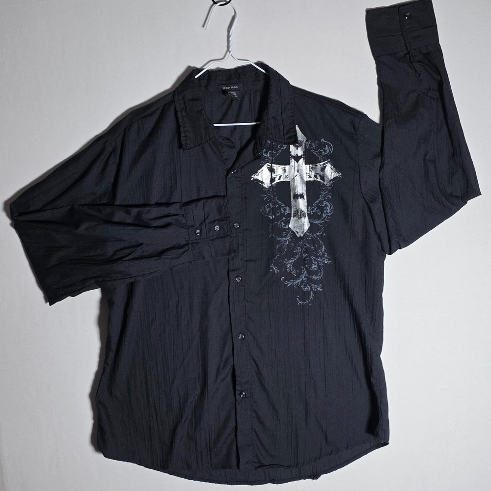 Vintage Y2K Black Graphic Cross Long Sleeve Shirt Gothic Cyberpunk (XL)